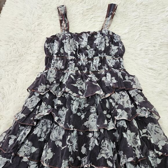 Azoe Blue Gray Floral Sleeveless Layered Tiered Ruffle Midi Dress Sz L Ethereal‎ - Picture 2 of 8